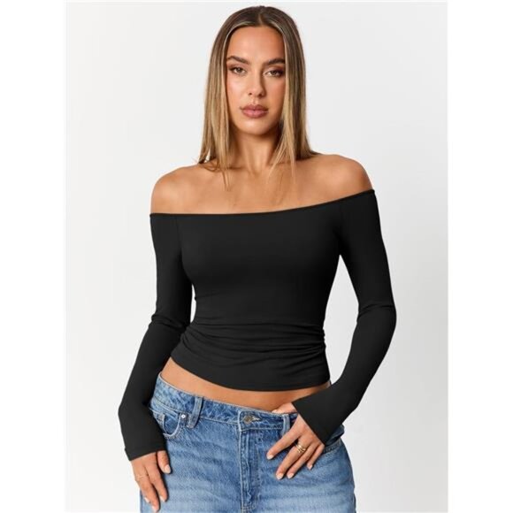Women’s Off Shoulder Long Sleeve Top | Slim Fit Y2K Basic Shirt - Picture 2 of 5